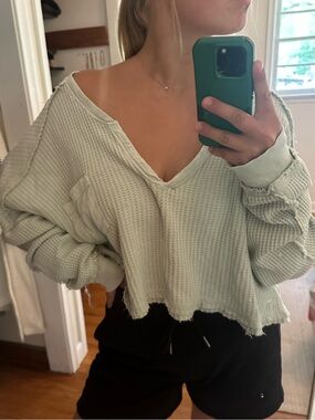 Altar’d state light blue waffle knit over the shoulder crop top